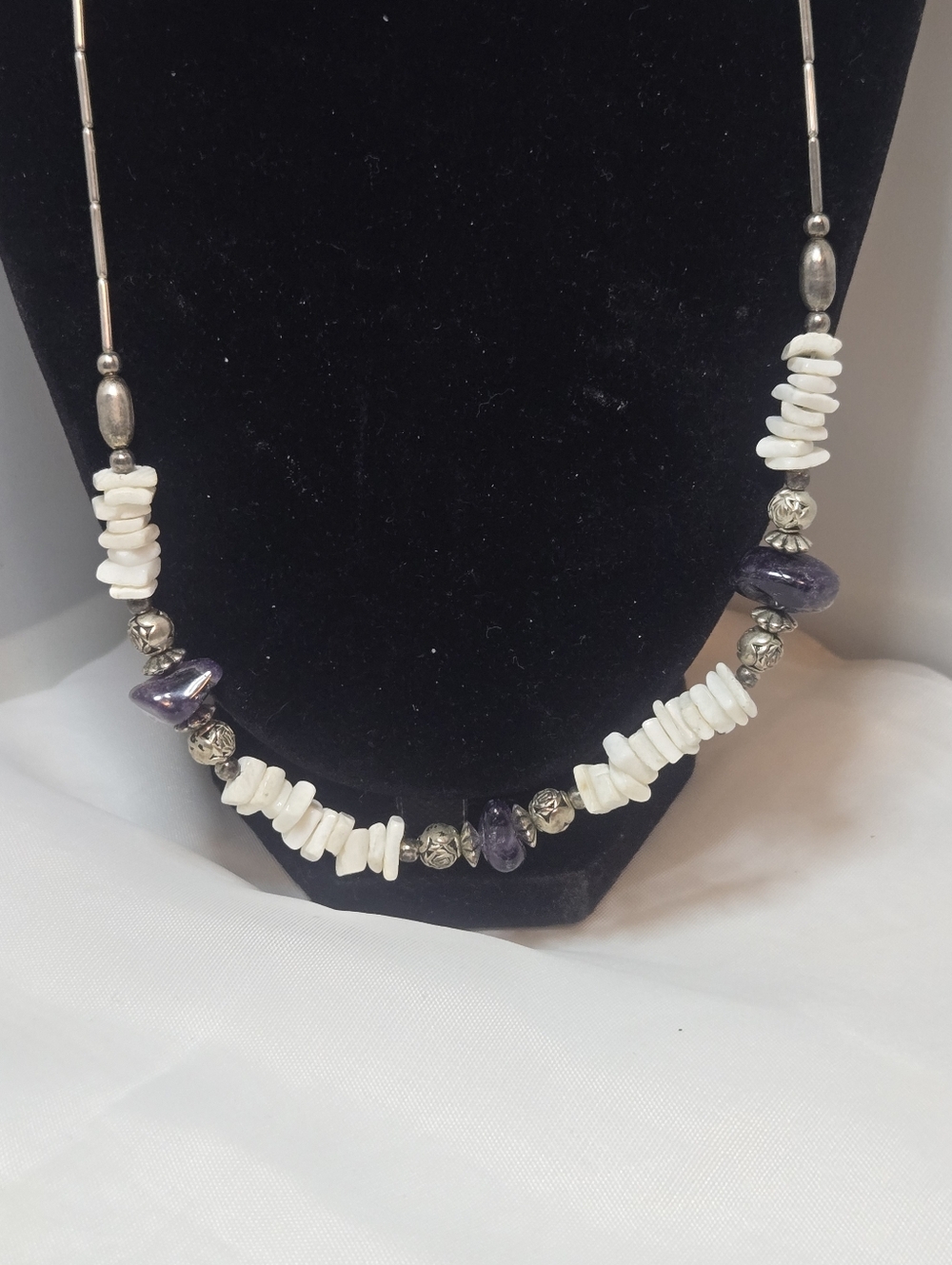 Earth Art hand crafted artisan White Shell and Amethyst Accent Necklace